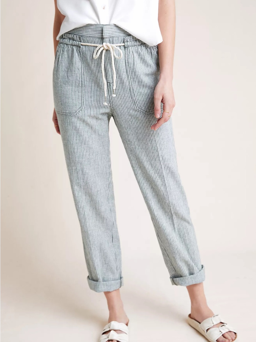 Anthropologie Seashore Ticking Stripe Linen Cotton Tapered Crop Pants Size M